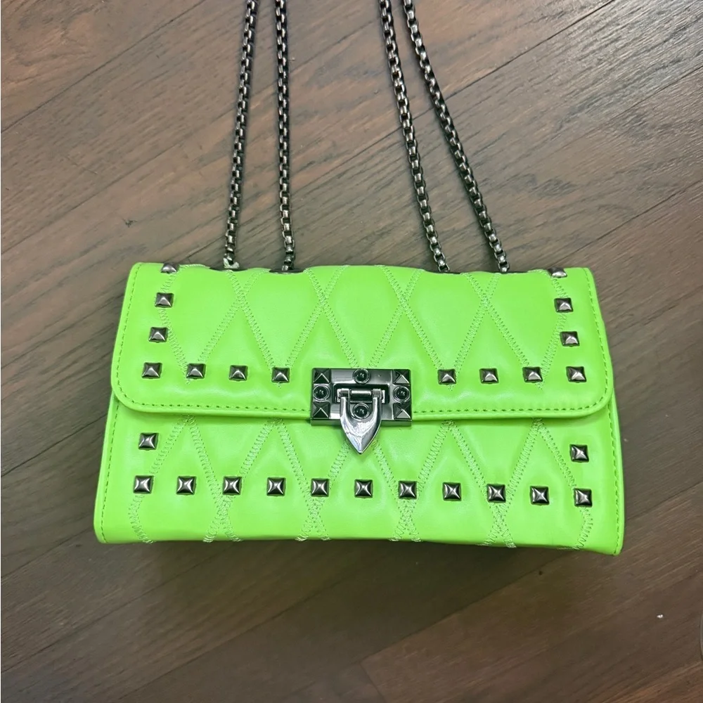 Lime Green silver studded shoulder Bag - Picture 2 of 7